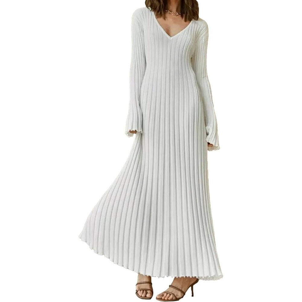 Women's Ribbed Knit Sweater Dress Casual Bodycon V Neck Long Sleeves - Picture 1 of 6